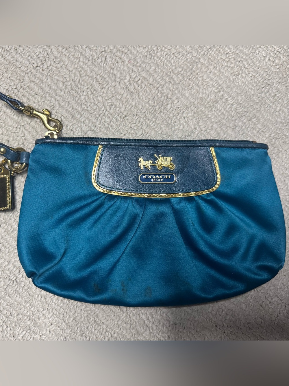 COACH Teal Satin Wristlet with Gold  Coach Amanda Satin Large Wristlet